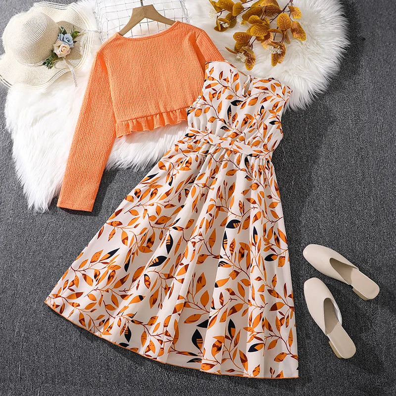 Conjuntos de Vestido Casuais para Crianças Outono Inverno 8-12 anos, com Cardigã de Manga Longa, Top com Estampa e Vestido de Alça para Meninas para Festas, Nova Coleção de Roupas