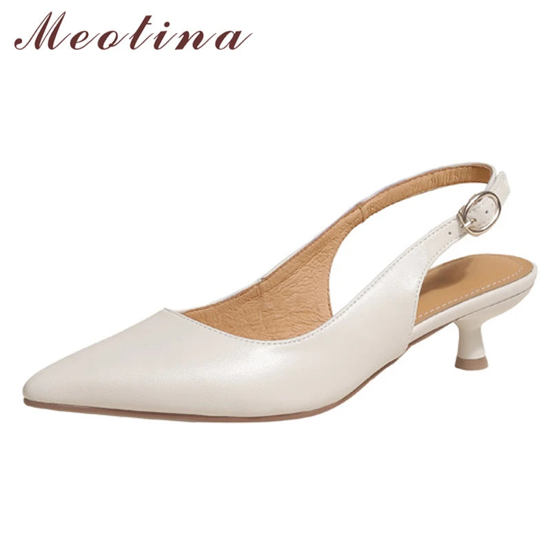 Meotina Sapatos Slingback Femininos em Couro Genuine com Fivela, Salto Fino, Bico Fino, Salto Médio para Mulheres, Calçados de Primavera
