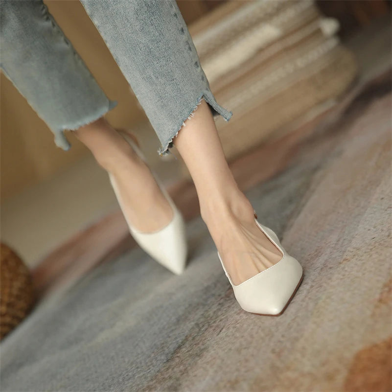 Meotina Sapatos Slingback Femininos em Couro Genuine com Fivela, Salto Fino, Bico Fino, Salto Médio para Mulheres, Calçados de Primavera