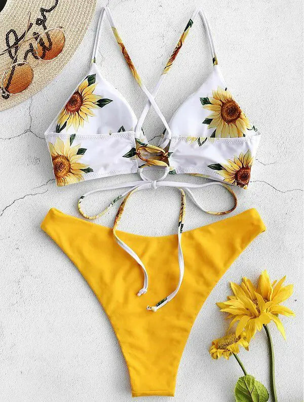Conjunto de Biquíni Estampado de Girassol - Moda de Praia Sexy para Mulheres 2025 - Biquíni com Push Up e Almofada - Roupas de Banho - Maiô - Biquíni