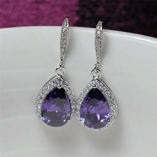Brinco Clássico Huitan em Gota para Mulheres em Branco/Azul/Roxo com Pedra CZ Acessórios para Casamento, Noivado e Festas Joias Simples e Elegantes