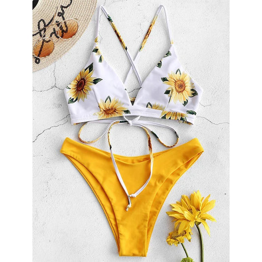 Conjunto de Biquíni Estampado de Girassol - Moda de Praia Sexy para Mulheres 2025 - Biquíni com Push Up e Almofada - Roupas de Banho - Maiô - Biquíni