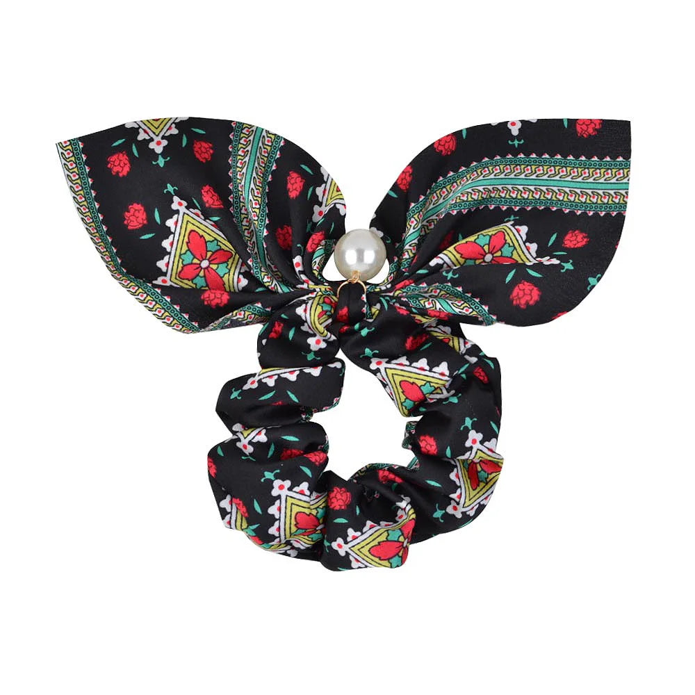 Ruoshui Coelhinhos Lindos Scrunchies Mulher Laços de Cabelo Impressos com Flores, Elásticos para Cabelo, Bandas de Borracha para Cabelo, Acessórios para Coque
