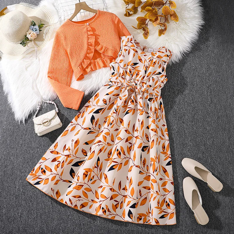 Conjuntos de Vestido Casuais para Crianças Outono Inverno 8-12 anos, com Cardigã de Manga Longa, Top com Estampa e Vestido de Alça para Meninas para Festas, Nova Coleção de Roupas
