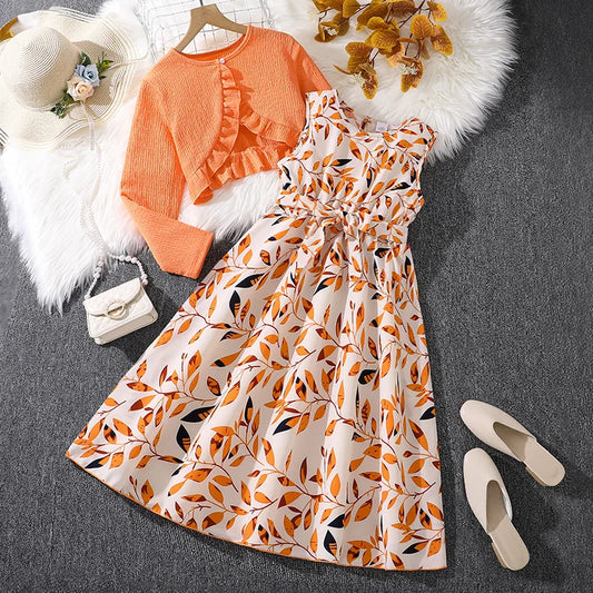 Conjuntos de Vestido Casuais para Crianças Outono Inverno 8-12 anos, com Cardigã de Manga Longa, Top com Estampa e Vestido de Alça para Meninas para Festas, Nova Coleção de Roupas