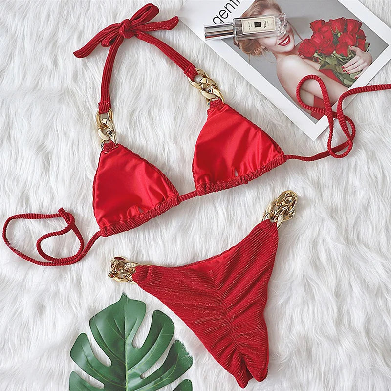 Biquíni de Cadeia de Halter com Diamante de Strass para Mulheres, Roupa de Banho Feminina, Conjunto de Biquíni com Duas Peças, Roupa de Banho Brasileira