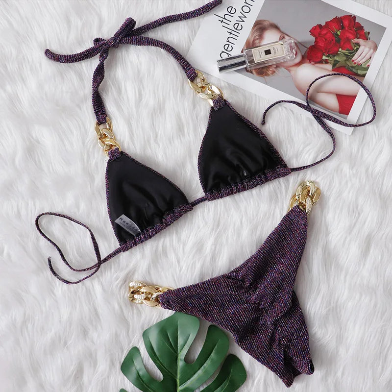 Biquíni de Cadeia de Halter com Diamante de Strass para Mulheres, Roupa de Banho Feminina, Conjunto de Biquíni com Duas Peças, Roupa de Banho Brasileira