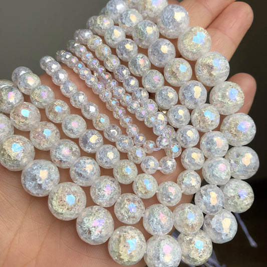 Contas de Cristal de Quartzo Branquíssimo Natural Facetado AB com Rachaduras para Joalheria, DIY Bracelete e Colar, 15 Polegadas, 4 6 8 10 12mm