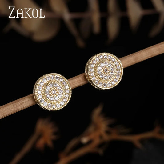 Brincos de Stud Zirconia Micro em Inlay Redondo ZAKOL Exquisito para Mulheres, Joias de Festa de Casamento com Geometria Completa de CZ