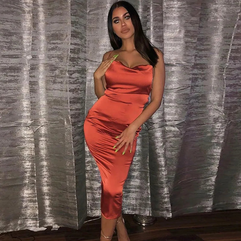 Vestido Midi Longo de Renda Cetim Neon Rosa Claro com Amarração nas Costas, Elegante, Sexy para Festas e Clubes, Roupas de Jantar de Verão 2022