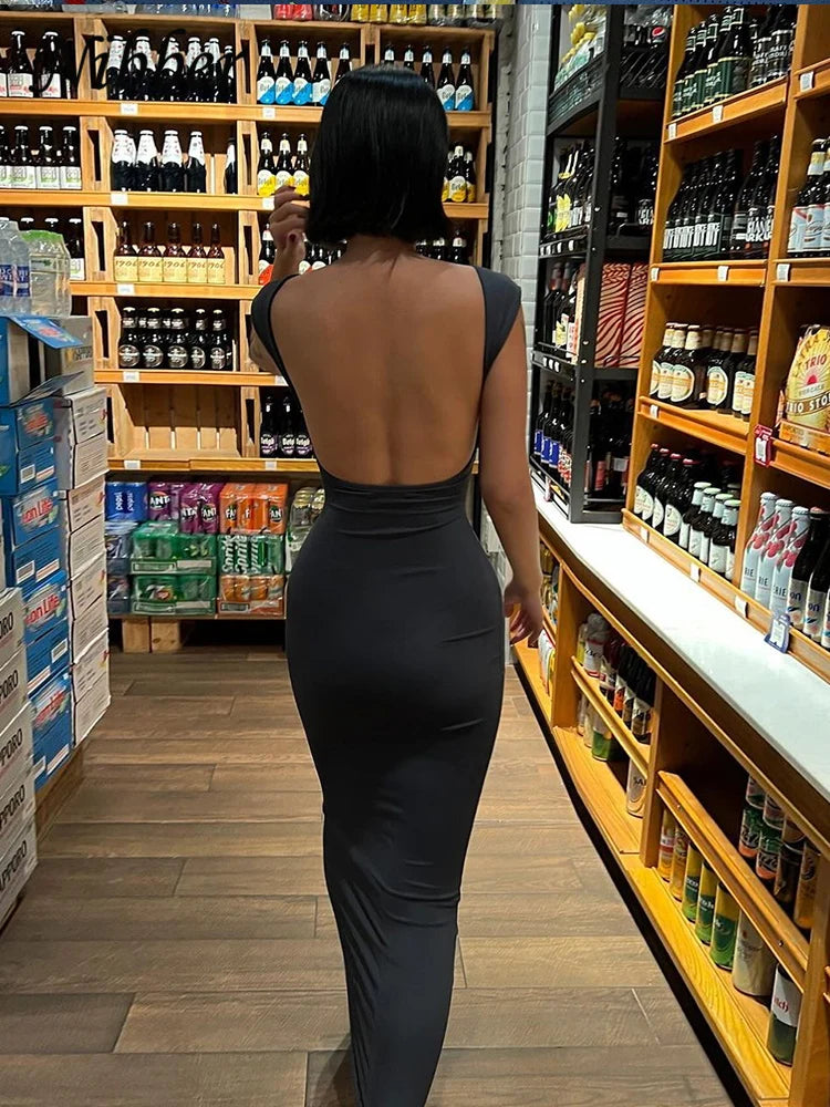 Vestido Maxi Nibber Sólido Sexy Sem Costas para Mulheres - Elegante, Elástico, Slim, Manga Curta, Vestidos Longos, Bodycon Feminino, Roupas de Streetwear
