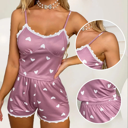 Conjunto de Pijama Casual Feminino com Top e Short em Renda Impressa em V com Alças