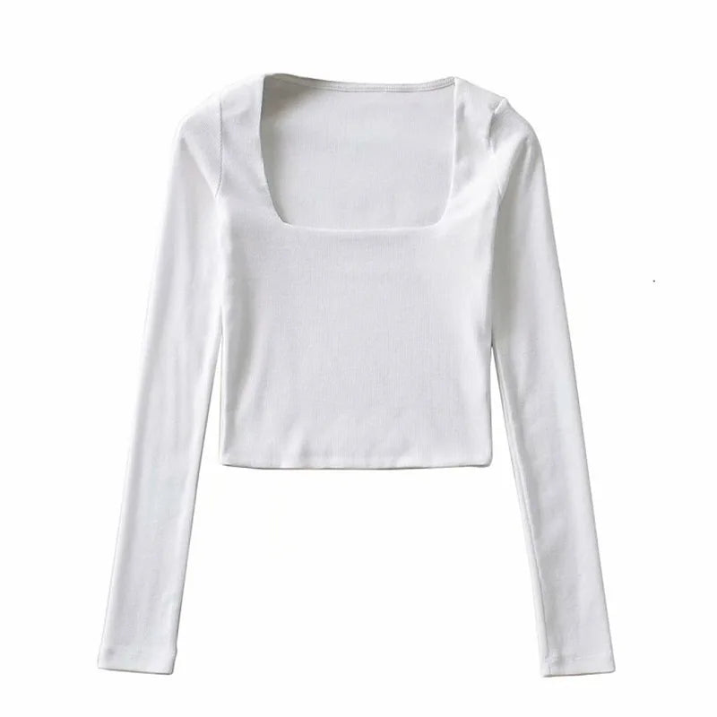 Blusa cropped de decote quadrado com mangas longas e textura canelada para mulheres