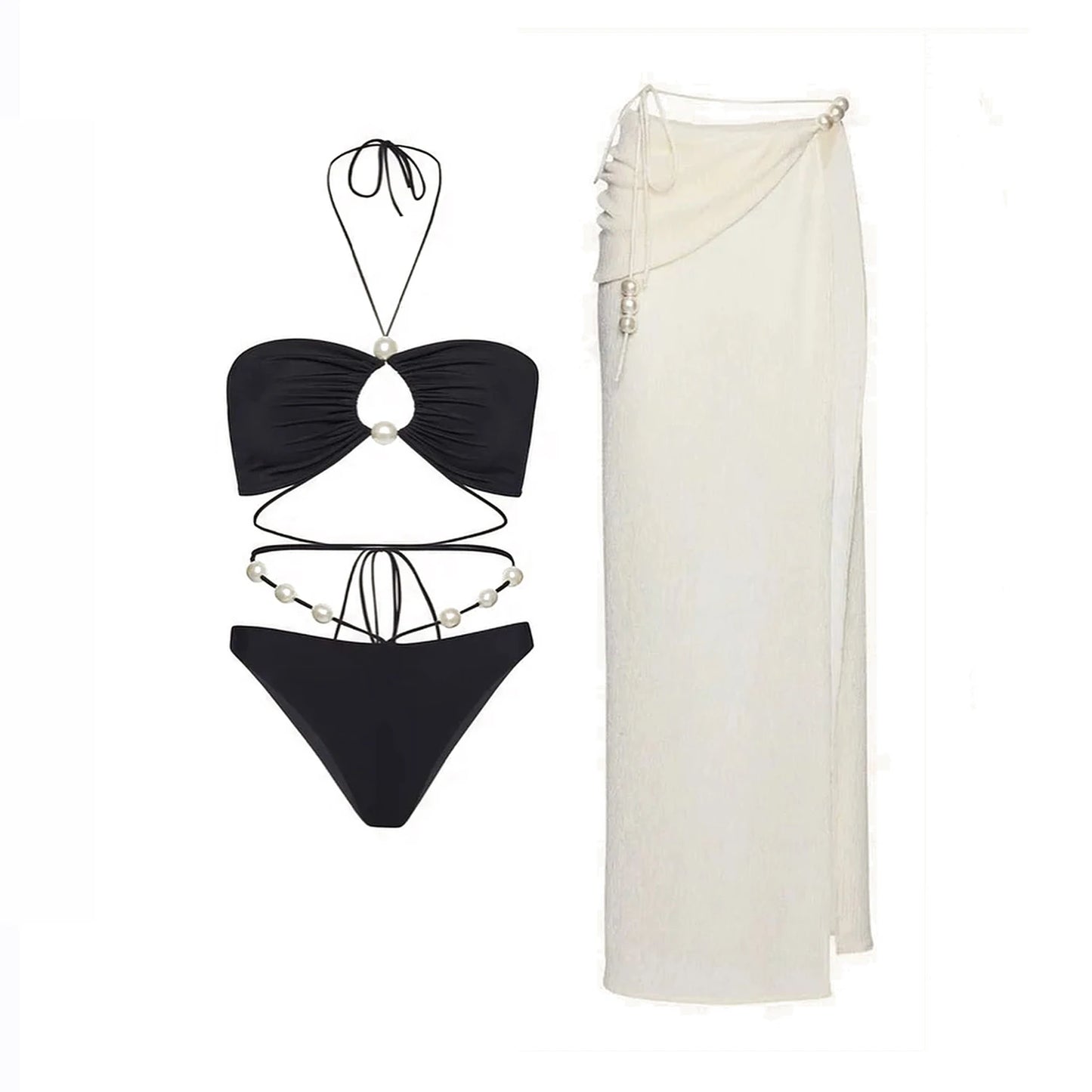 Conjunto de Biquíni Sexy com 3 Peças e Capa, Biquíni Branco com Pérolas, Maiô Feminino Halter, Roupa de Banho com Ombros Descidos, Biquíni para Praia