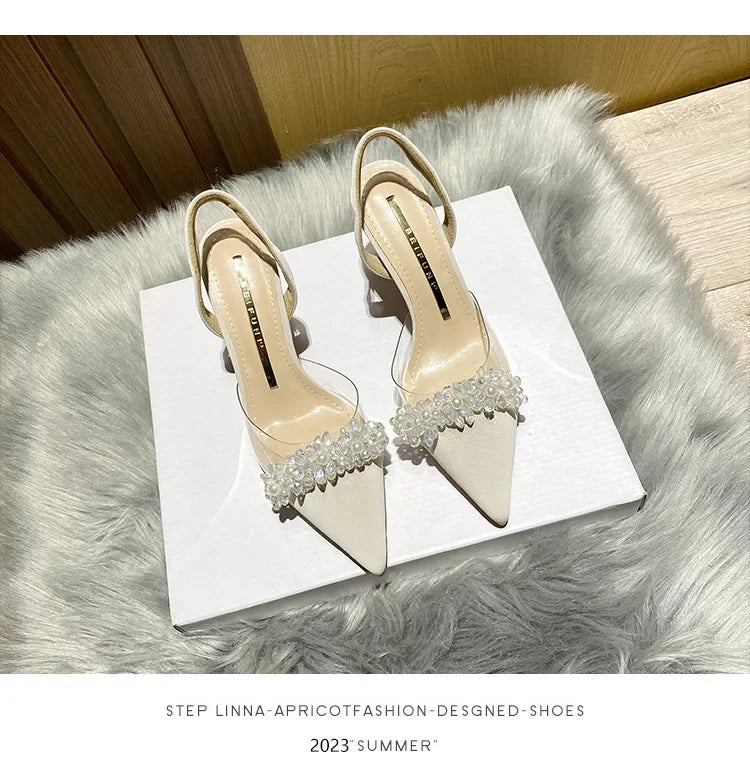 Sandálias de Verão para Mulheres Baotou 2024 Novas Sandálias de Salto Alto Fino Transparente de Bico Fino com Cristais Zapatillas Mujer