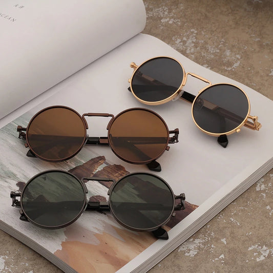 Óculos de sol estilo punk vintage para homens, armação redonda em metal, óculos de sol para mulheres, moda, eyewear, gafas de sol mulher UV400