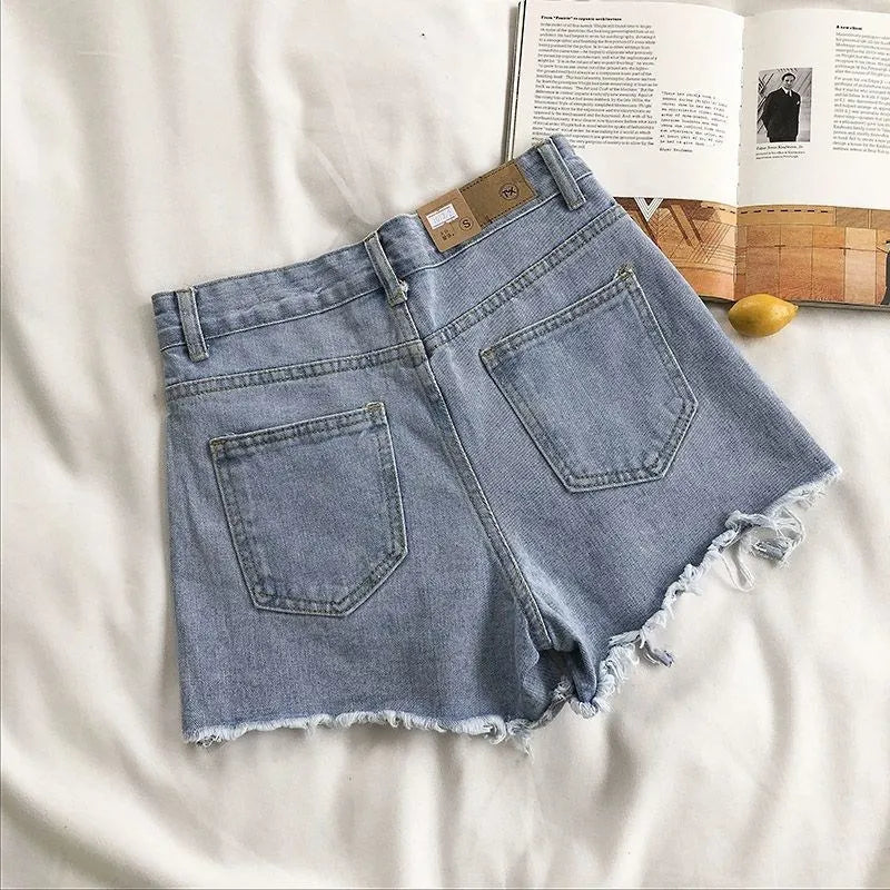 Shorts de Jeans Femininos em Denim Coreano Moda de Verão Casual Cintura Alta Jeans Rasgado com Bolso Tassel Y2K Hot Pants Streetwear Calças Azuis