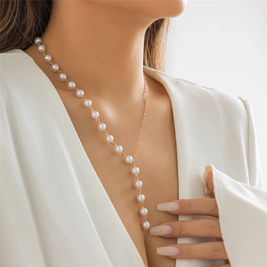 Colar de corrente assimétrica elegante em imitação de pérola Ingemark para mulheres, noivas, acessórios de colar longo Kpop, nova joia