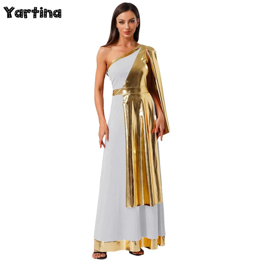Vestido de Dança Lirica Cristã Feminina Fantasia de Halloween Vestido de Beleza Antiga Grega Romana Cosplay Túnica Tecido Metálico Brilhante Camada Toga