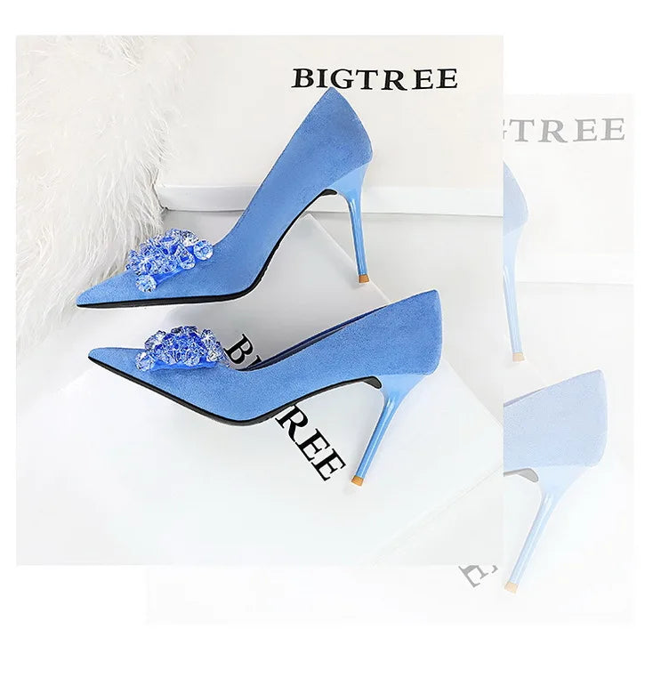 Sapatos BIGTREE 2025 Scarpin Feminino com Strass Laço Salto Alto Luxuoso Sapato de Banquete com Pedras Preciosas Salto Stiletto 9 cm Sapatos Femininos