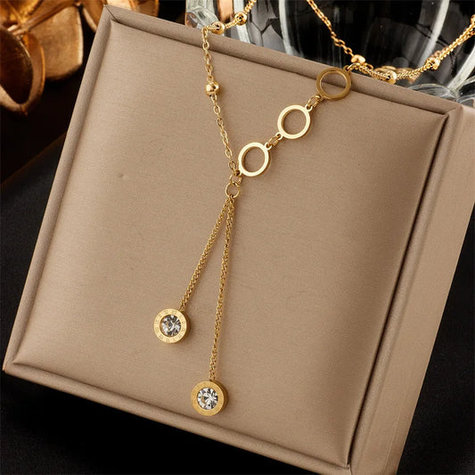 Colar de Números Romanos da Nova Tendência para Mulheres, Moda, Cor Dourada, Colares Longos com Pingente de Zirconia, Joias para Meninas