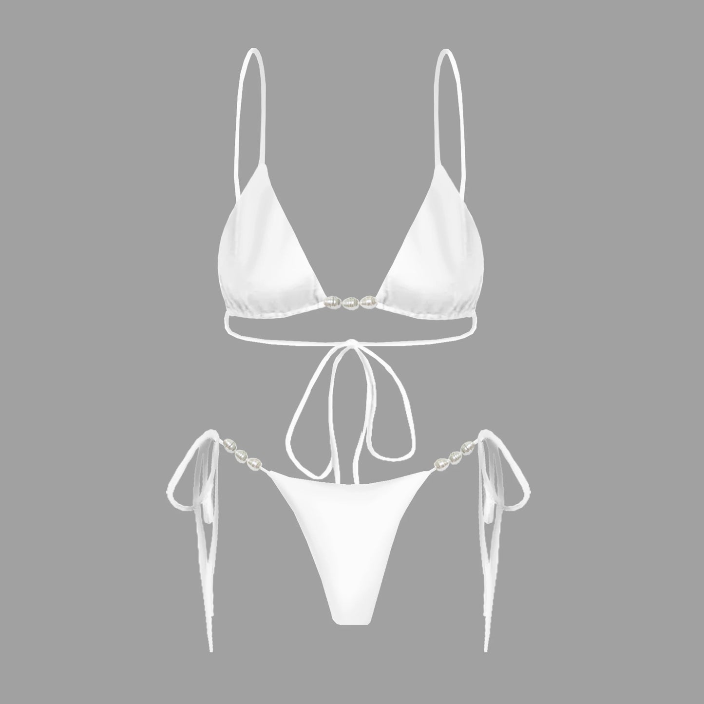 Conjunto de Biquíni Sexy com 3 Peças e Capa, Biquíni Branco com Pérolas, Maiô Feminino Halter, Roupa de Banho com Ombros Descidos, Biquíni para Praia