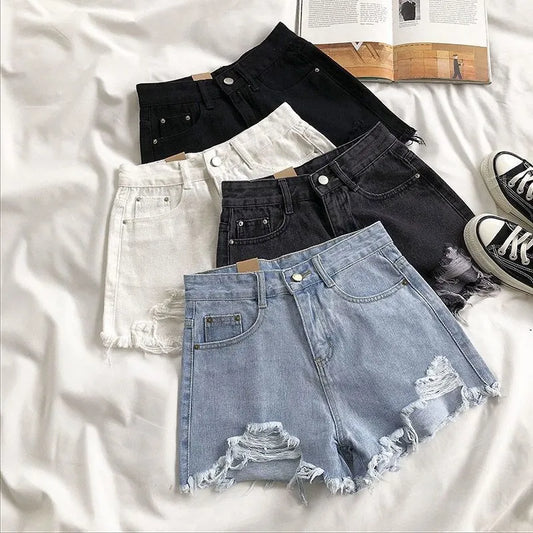 Shorts de Jeans Femininos em Denim Coreano Moda de Verão Casual Cintura Alta Jeans Rasgado com Bolso Tassel Y2K Hot Pants Streetwear Calças Azuis