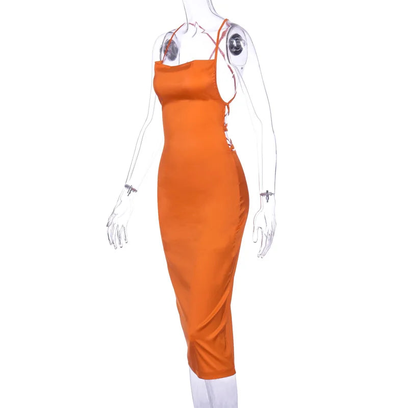 Vestido Midi Longo de Renda Cetim Neon Rosa Claro com Amarração nas Costas, Elegante, Sexy para Festas e Clubes, Roupas de Jantar de Verão 2022