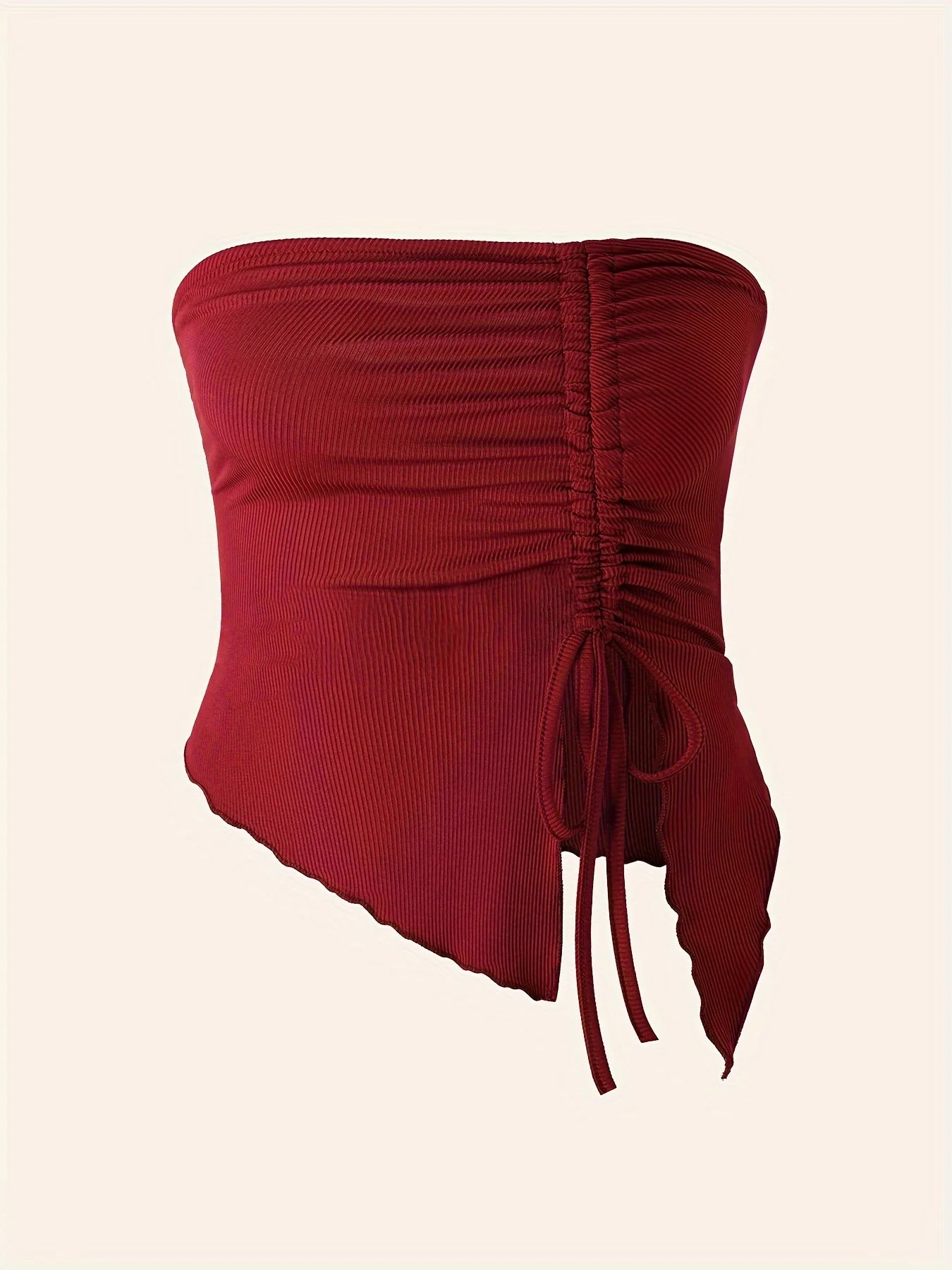 Top feminino sexy vermelho de Dia dos Namorados com decote assimétrico, manga única, fenda jovem e estilo ins, ajustável na cintura.