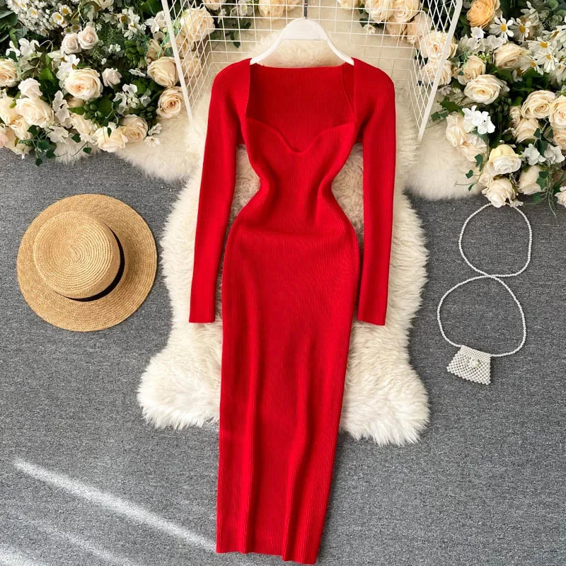 Vestidos para mulheres 2026 vestido justo sem alças em tricô canelado sexy, vestido de suéter midi de manga longa para o inverno
