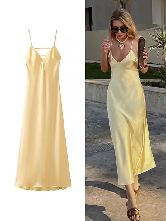 Vestido Longo Elegante Sem Mangas TRAFZA Feminino de Verão Amarelo Manchado com Decote em V para Festa e Férias 2025