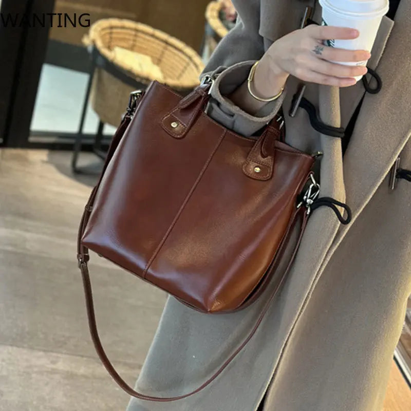 Genuine Leather Women's Tote Bag 2025 New Woman Shoulder Bags Fashion Cowhide Crossbody Bucket Bag Female Handbags 9258
