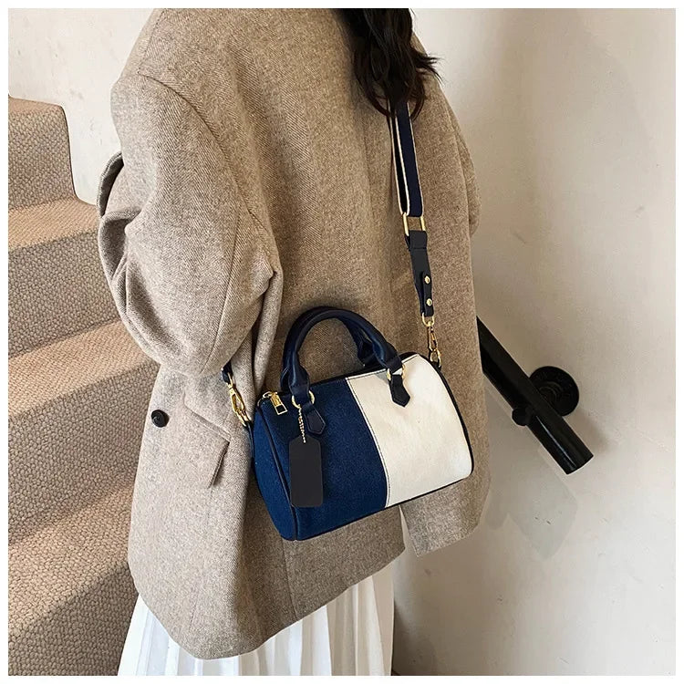 Cross Body Bags Casual Street Small Boston Bag 2025 Designer Purses Patchwork Colorblock Mini Handbags For Women Denim Shoulder