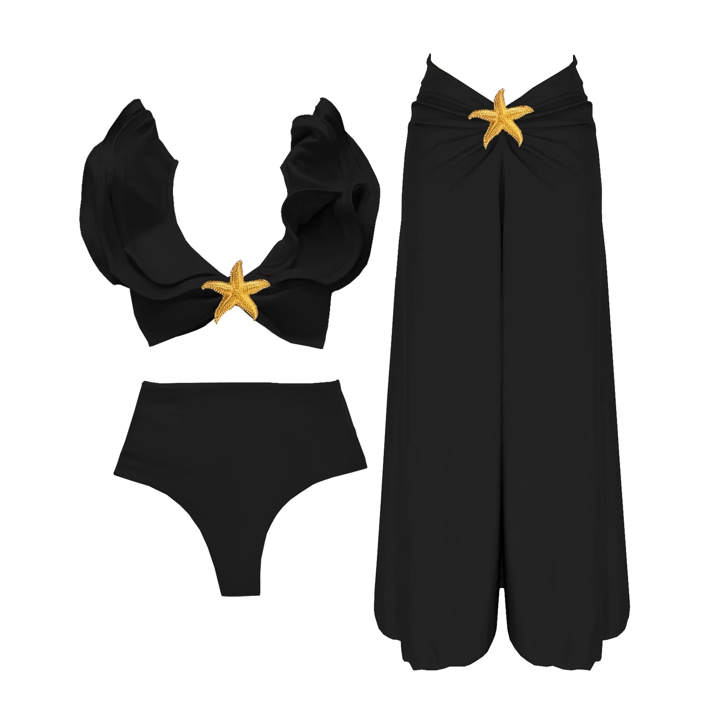 Conjunto de 3 Peças de Biquíni Sexy com Ombros Em Renda Para Mulheres 2025 Traje de Banho Maiô Brilhante Estrela Trajes de Natação Feminino Maiô Praia