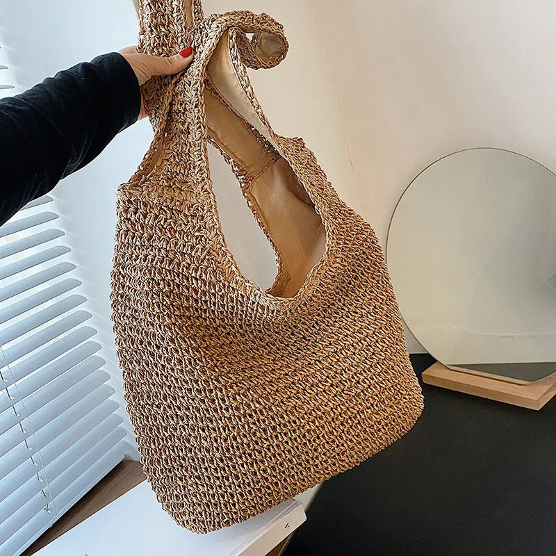 Women Beach Vintage Handmade Woven Shoulder Bag Raffia Rattan Shopping Bags Bohemian Ladies Summer Travel Vacation Casual Totes