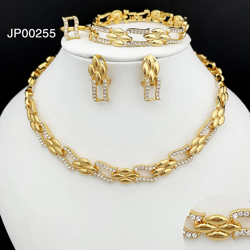 Conjunto de Joias em Ouro Dubai, Colar Cubano e Brincos para Mulheres, Jóias de Casamento para Noivas, Presente para Festa de Banquetet