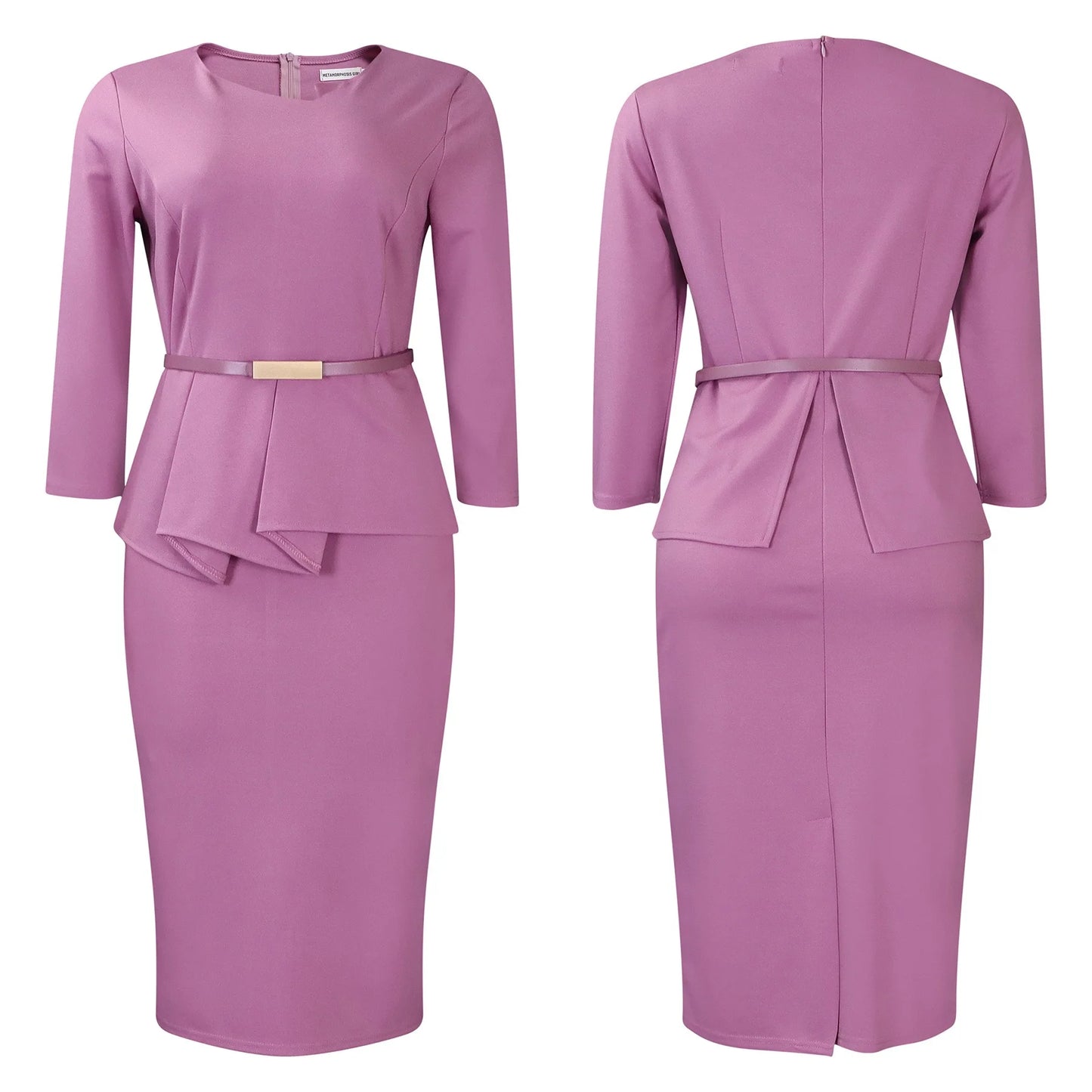 Vestido Formal para o Trabalho Feminino com Gola Assimétrica, Mangas Três Quartos, Cintura com Cinto, Silhueta Justa com Pacote de Quadris até a Panturrilha