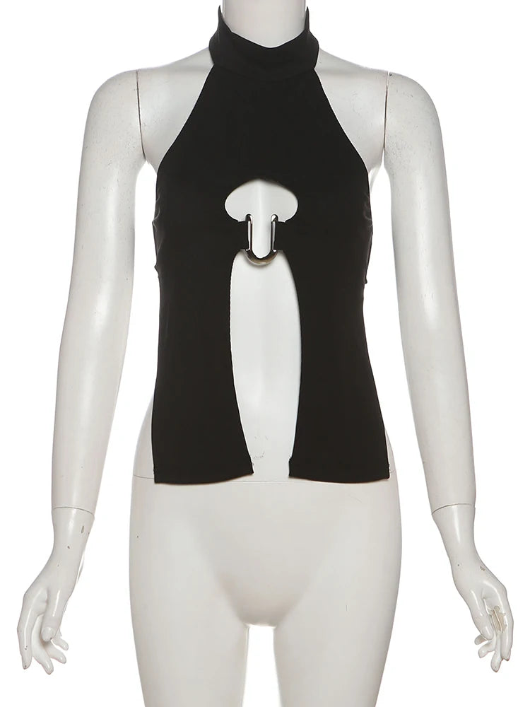 Tops de Anel em Metal em Formato de N com Decote nas Costas, Sem Mangas, Botões Halter Sexy e Charmoso para Mulheres - Roupas Midnight