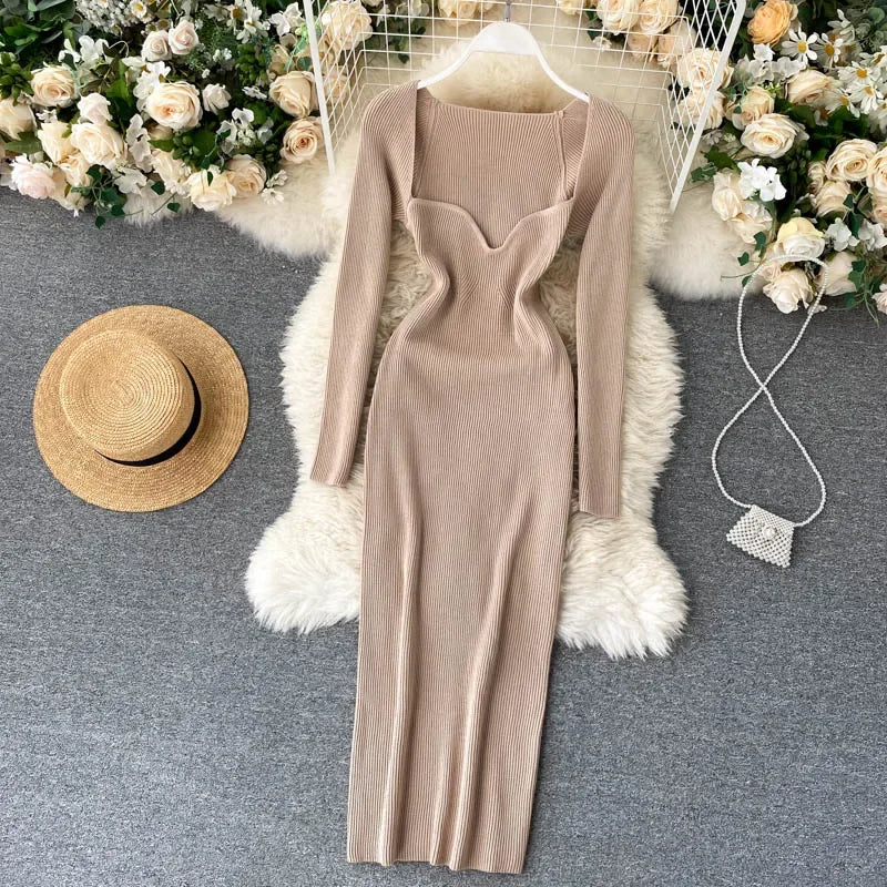 Vestidos para mulheres 2026 vestido justo sem alças em tricô canelado sexy, vestido de suéter midi de manga longa para o inverno