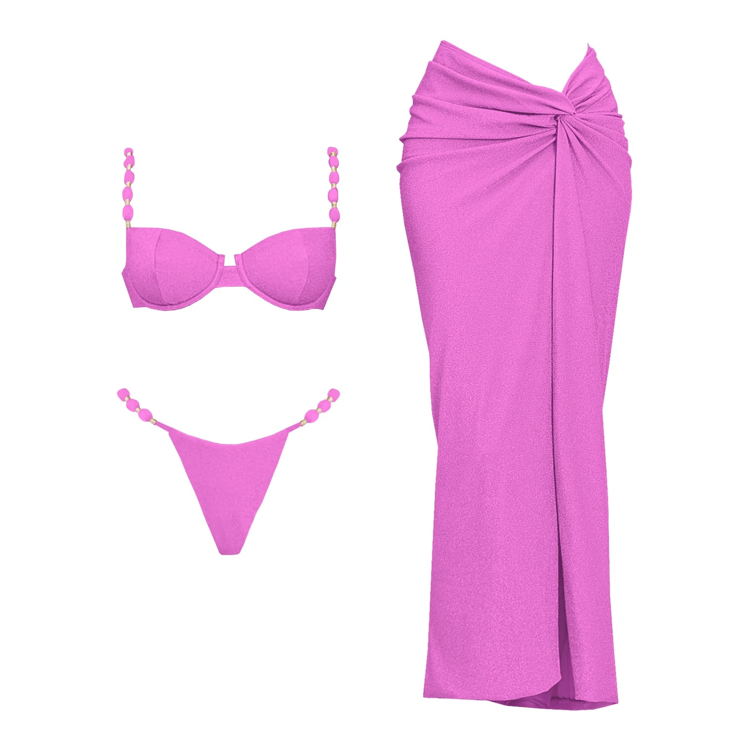 Conjunto de 3 peças de maiô push up com saia longa, sexy, moda feminina, biquíni com decote em V, macacão brilhante, roupa de banho e cobertor de praia.