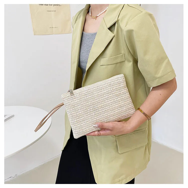 Weaving Bag Fashion Ladies Wristlet Clutch Women Daily Money Phone Clutch Solid Straw Woven Coin Purse Beach Wallet Card Holder