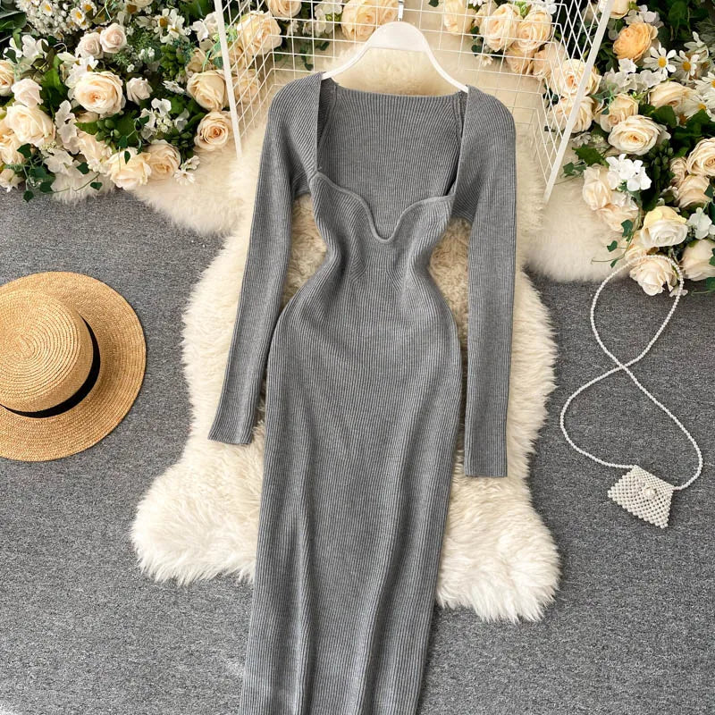 Vestidos para mulheres 2026 vestido justo sem alças em tricô canelado sexy, vestido de suéter midi de manga longa para o inverno