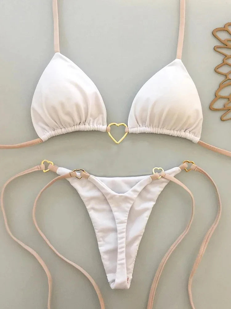 Novo Maiô Branco Sólido para Mulheres, Conjunto de Dois Peças com Cintura Baixa e Laço, Moda de Praia