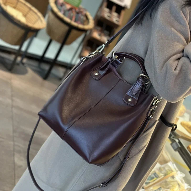 Genuine Leather Women's Tote Bag 2025 New Woman Shoulder Bags Fashion Cowhide Crossbody Bucket Bag Female Handbags 9258