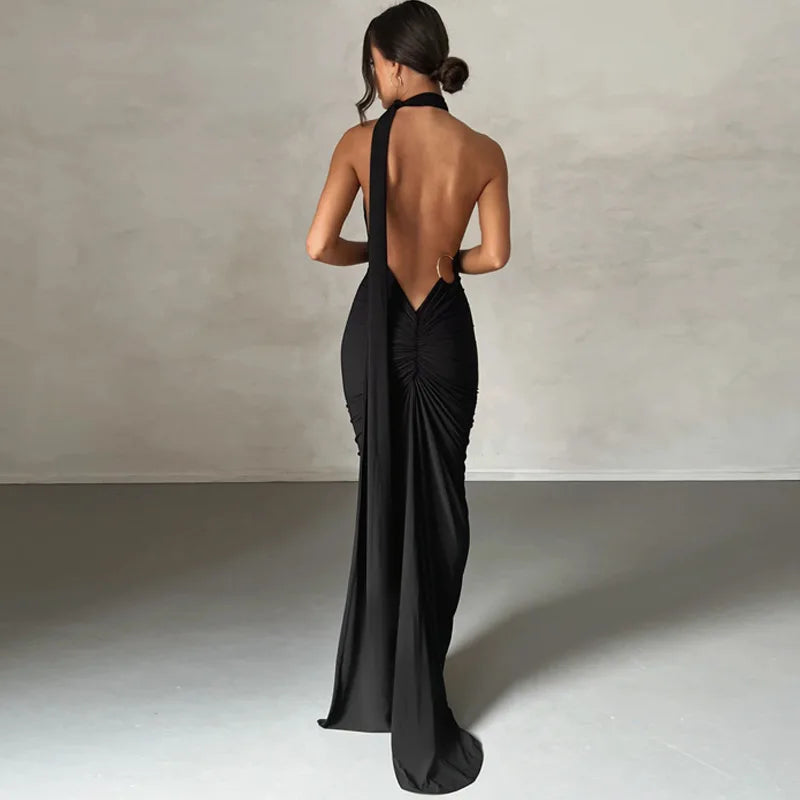 Vestido Longo de Cocktail Elegante Feminino para Festa, Costas Nuas, Abertura Costas, Com Pregas, Justo, Formal para Convidadas de Casamento