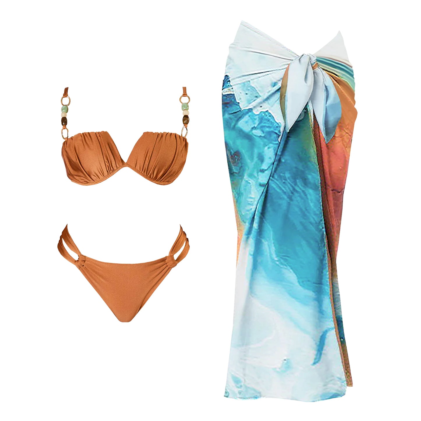 Conjunto de 3 peças de maiô push up com saia longa, sexy, moda feminina, biquíni com decote em V, macacão brilhante, roupa de banho e cobertor de praia.
