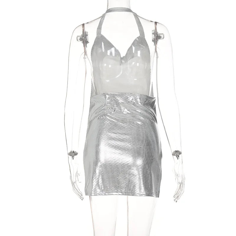 Vestido curto elegante e sexy para mulheres, com decote em V, costas nuas e detalhes de lantejoulas, perfeito para festas e dança.