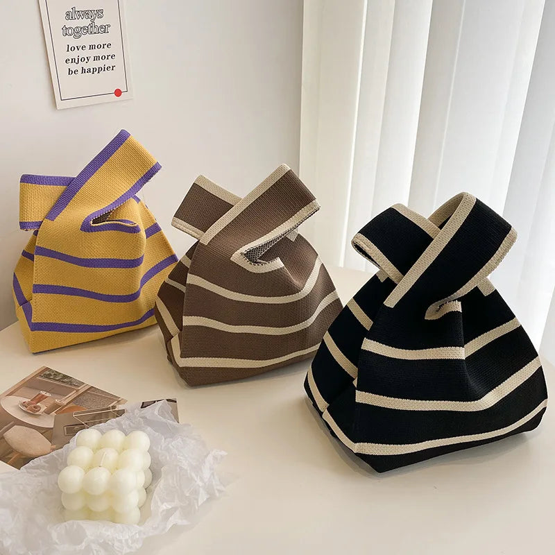 Women Handmade Knitted Small Handbag Casual Wrist Bag Wide Stripe Stripe Shopper Mini Tote Student Reusable Shoulder Bag