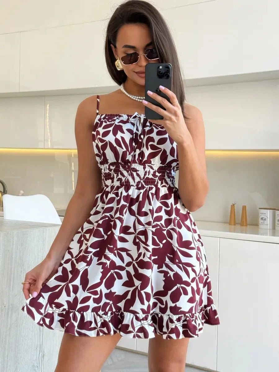Novo Vestido Feminino de Verão Estampado com Amarração, Vestidos Sem Manga, Vestidos Florais, Vestidos Casuais, Vestidos Elegantes, Roupas Femininas 2025