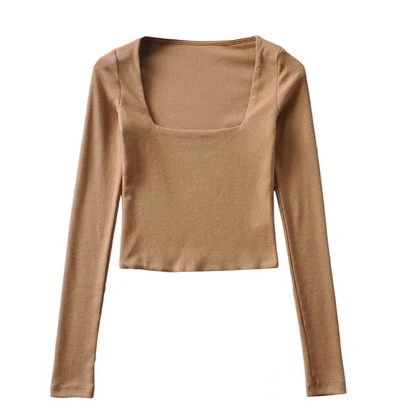 Blusa cropped de decote quadrado com mangas longas e textura canelada para mulheres